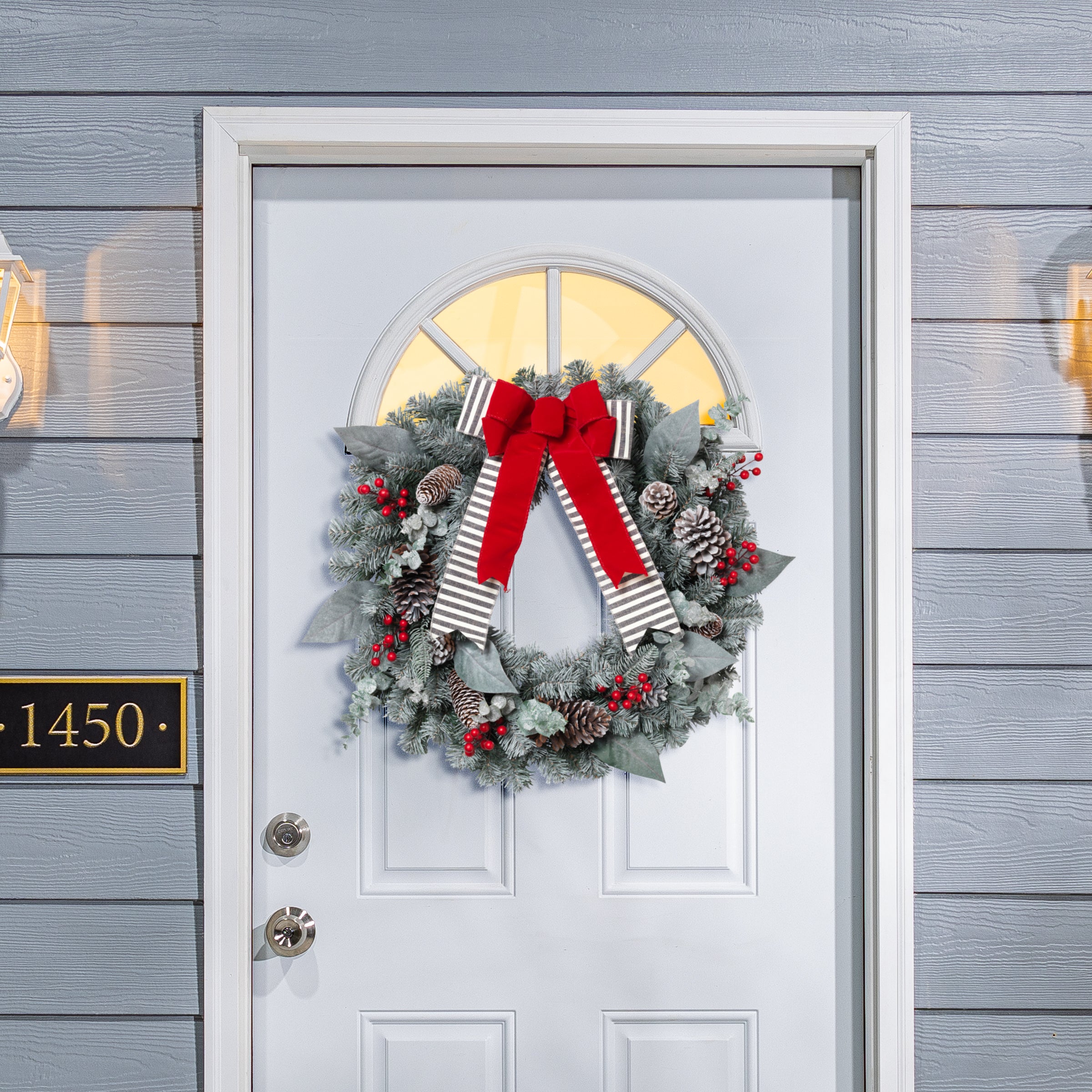 Snowy Pine Christmas Wreath with Red Berries, Pinecones, Bow